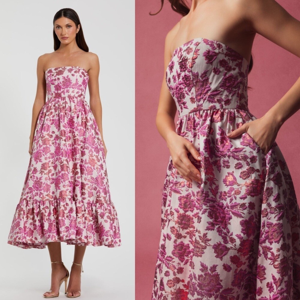 NWT Mac Duggal Pink Floral Brocade Strapless‎ A Line Ruffle Midi Dress - Size 4